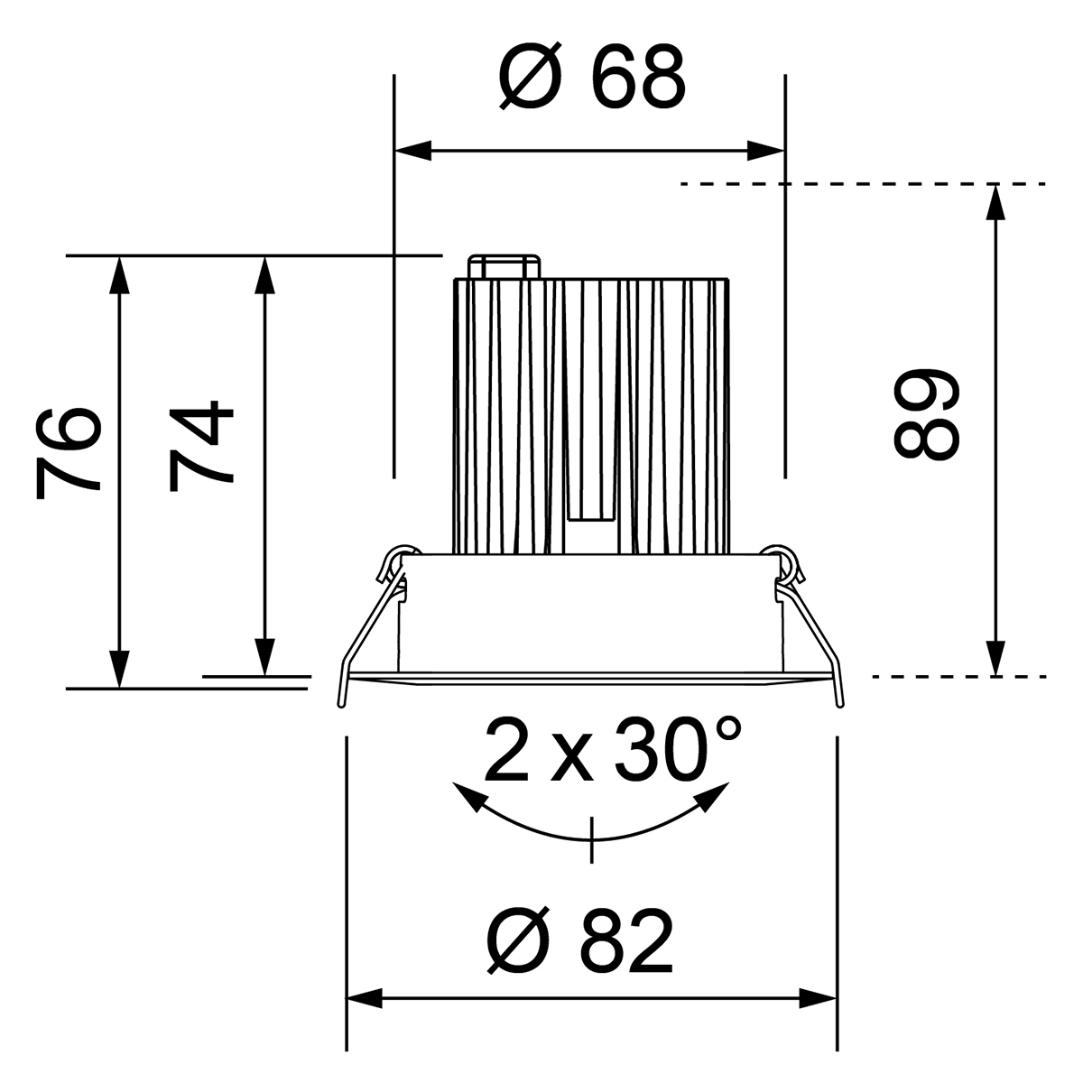 Einbau-Downlight Swing 68, mit RIDL 9, mit Spannfedern, Phasenab., alu-glänzend, 60°, 4000 K